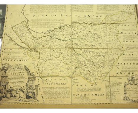 Emanuel Bowen (1694 - 1767) canvas lined hand coloured map: An Accurate Map Of The County Palatine Of Chester, four fold. P&a