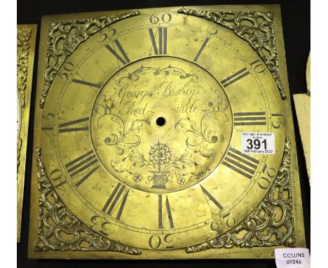 19th century brass long case clock dial named to George Bishop of Redmile, 31 x 31 cm. P&amp;P Group 3 (£25+VAT for the first