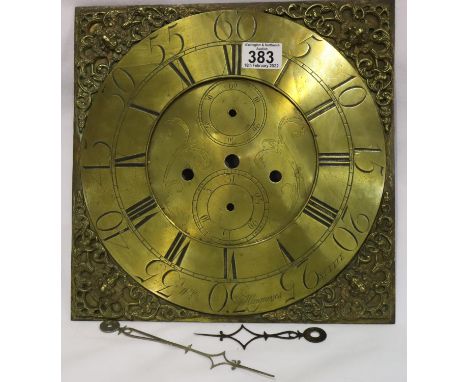 19th century brass long case clock dial named to William Hargreaves of Settle, 31 x 31 cm. P&amp;P Group 3 (£25+VAT for the f