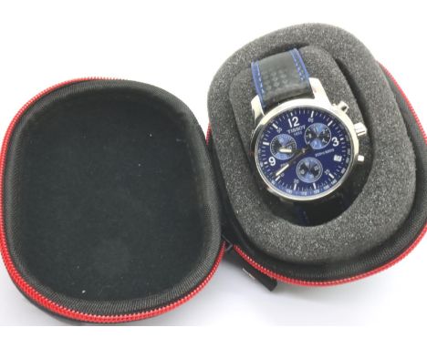 Tissot; gents PRC 200 chronometer wristwatch with blue dial, stainless steel hands and body, on blue leather strap. Working a