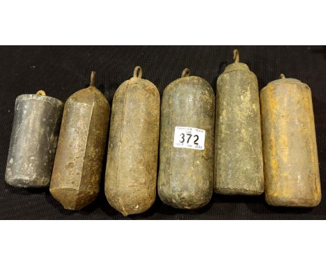 Six mixed 18th/19th century long case clock weights. Not available for in-house P&amp;P, contact Paul O'Hea at Mailboxes on 0