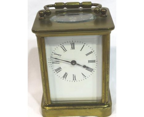 19th century lacquered brass carriage clock, H: 11 cm. Working at lotting. P&amp;P Group 2 (£18+VAT for the first lot and £3+
