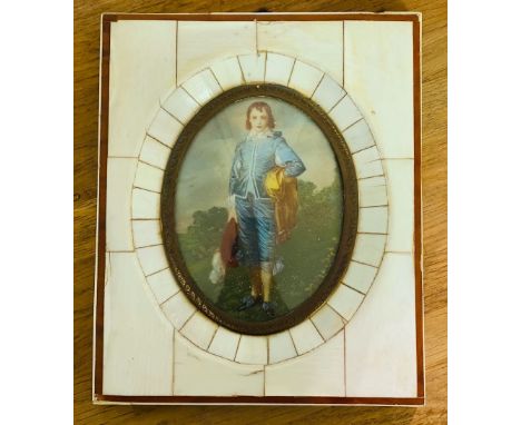 Piano key framed miniature of the Blue Boy, overall 11 x 14 cm. P&amp;P Group 1 (£14+VAT for the first lot and £1+VAT for sub