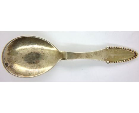 Georg Jensen Danish silver caddy spoon, 32g, tarnishing to tip of spoon, general surface markings. P&amp;P Group 1 (£14+VAT f