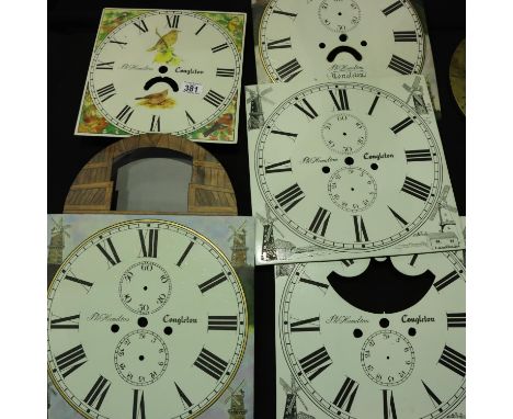 Five repainted long case clock dials attributed to Philip Hamilton of Congleton, largest dial 47 x 33 cm. Not available for i