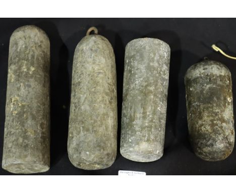 Four 18th century lead long case clock weights. Not available for in-house P&amp;P, contact Paul O'Hea at Mailboxes on 01925 