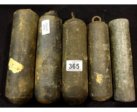 Five 18th/19th century long case clock weights. Not available for in-house P&amp;P, contact Paul O'Hea at Mailboxes on 01925 
