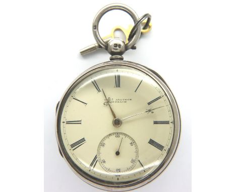 Hallmarked silver pocket watch, Thos Alcock Sandbach, 134g, with winding key. Working at lotting. P&amp;P Group 1 (£14+VAT fo