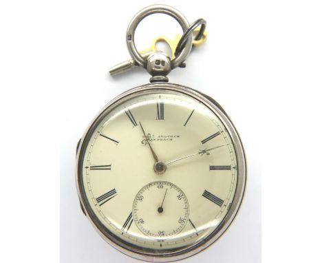 Hallmarked silver pocket watch, Thos Alcock Sandbach, 134g, with winding key. Working at lotting. P&amp;P Group 1 (£14+VAT fo