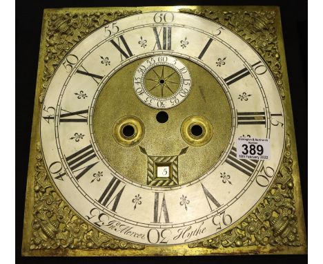 19th century brass long case clock dial named to John Mercer of Hythe, 30 x 30 cm. P&amp;P Group 3 (£25+VAT for the first lot