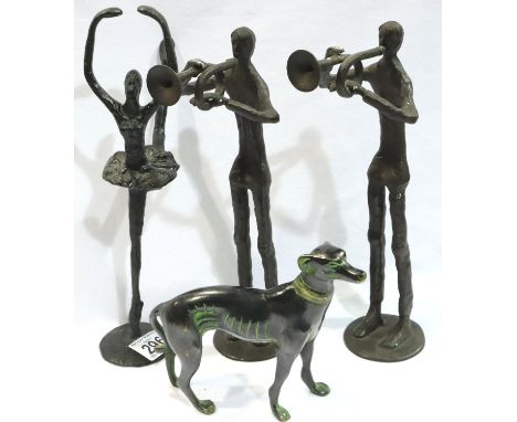 Pair of bronze trumpet players, a bronze dog and a bronze ballerina, largest H: 28 cm. P&amp;P Group 3 (£25+VAT for the first