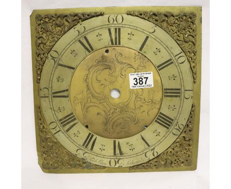 19th century brass long case clock dial named to Richard Pinn of Salcombe, 28 x 28 cm. P&amp;P Group 3 (£25+VAT for the first