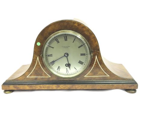 Ollivant and Botsford of Manchester birds eye walnut mantel clock with  French cylinder movement, L: 33 cm. Not available for