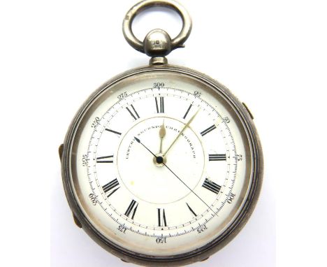 Henny HMS Hoffman Manchester silver cased key wind chronograph pocket watch, no. 91266. Not working at lotting up. P&amp;P Gr