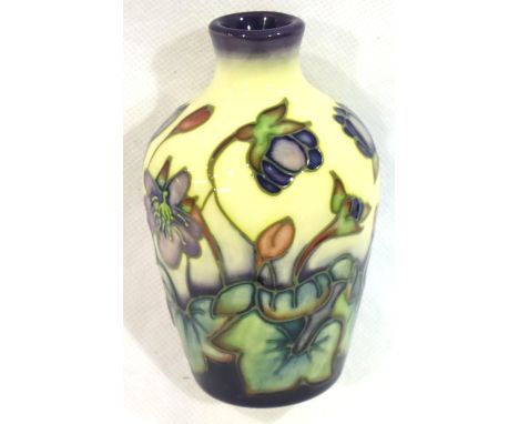 Small Moorcroft vase in the Hepatica pattern 1999, H: 80 mm, hairline crack to glaze otherwise no cracks, chips or visible re