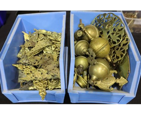 Quantity of brass long case clock face and case adornments. Not available for in-house P&amp;P, contact Paul O'Hea at Mailbox