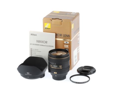 A Nikon Nikkor AF-S f/2.8-4 16-80mm E ED VR Lens, black, serial number 212017, barrel VG-E, optics VG-E, in maker's packaging