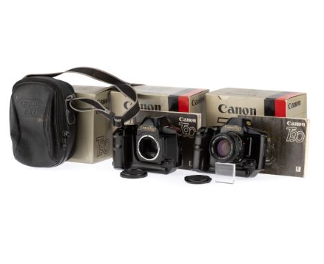 A Pair of Canon T90 35mm SLR Cameras, comprising serial number 1211590, black, body G, powers up, shutter works, LCD works, v