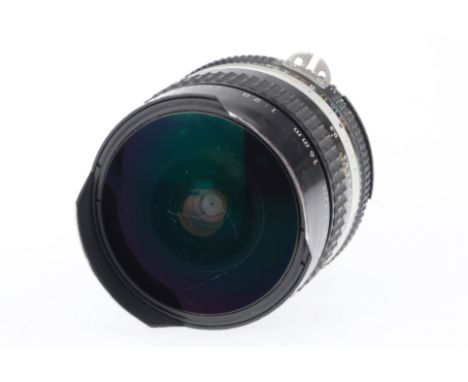 A Nikon Nikkor f/2.8 16mm Ai Lens, black, barrel G, serial number 191297, optics F-G, light marks to front element, with rear