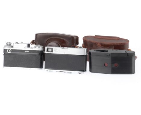 A Selection of Film Cameras, comprising a Kiev-4m, body VG, shutter works but slow speeds appear inaccurate, light meter not 