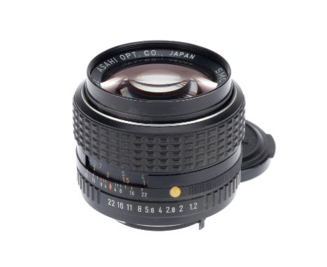 A Pentax SMC f/1.2 50mm Lens, black, serial number 1435832, barrel G, one aperture blade slightly out of alignment, aperture 