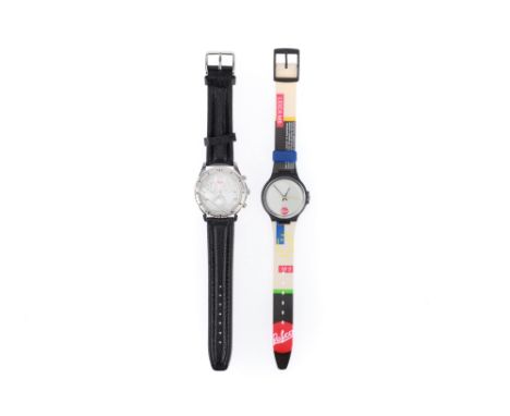 A Pair of Leica Branded Watches, comprising a multicoloured water resistant M3 watchm black case, white dial, circular, and a