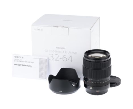 A Fujinon GF R LM WR f/4 32-64mm Lens, black, serial no. 95A01015, body, E, elements, VG-E, some very light internal haze, co