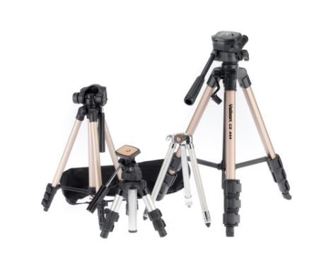 A Selection of Small Tripods, comprising a collapsilble Slik tripod, 30cm extended, a metal Steinz tripod, 93cm extended, a m