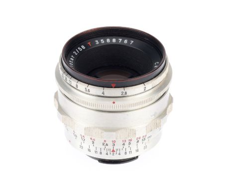 A Carl Zeiss Jena Biotar T f/2 58mm Lens, silver, barrel VG, optics F-G with light spots.