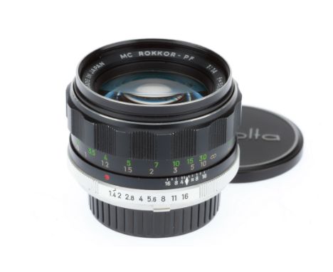 A Minolta MC Rokkor-PF f/1.4 58mm Lens, black, serial number 5699561, barrel G-VG, optics G, light dust, with caps.