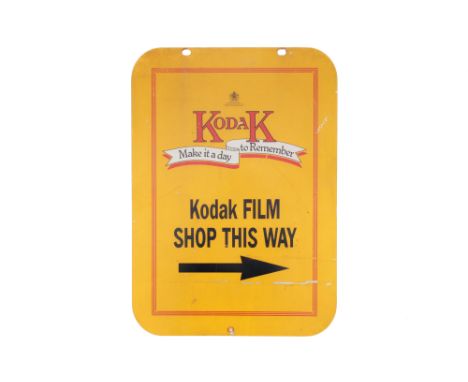 A Double Sided "Kodak Film Shop This Way" Advertising Sign, painted steel, 50x70cm, three screw holes, one side scratched ben