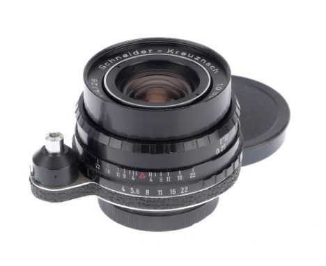 A Schneider-Kreuznach Curtagon f/4 28mm Lens, exa mount, barrel VG, optics F-G with light haze, with caps.