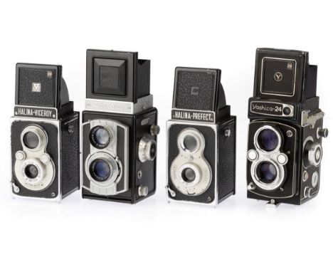 A Group of TLR Cameras, comprising a Yashica-24, body F, shutter works, slow speeds sticky, a Weltaflex, body F-G, shhutter w