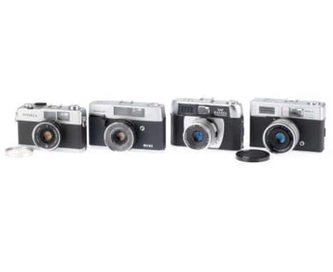 A Group of 35mm Viewfinder Cameras, comprising a Halina Paulette, silver, body F, top plate is loose, shutter works, meter re