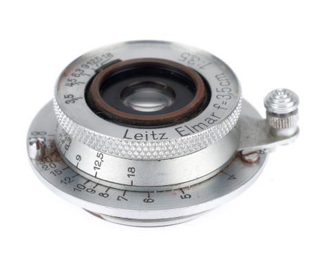 A Leitz Wetzlar Elmar f/3.5 3.5cm Lens, silver, serial number 271101, barrel G, optics F-G, with moderate haze, iris works, s