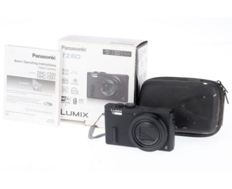 A Panasonic Lumix DMC-TZ60 Digical Compact Camera, black, body VG-E, powers up, takes a picture, flash works, with battery an