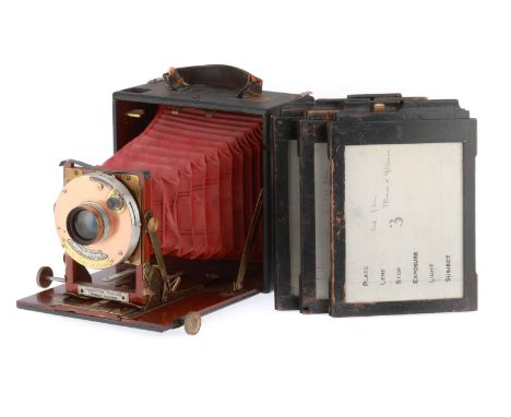 A Thornton Pickard Nimrod Automan Quarter Plate Mahogany &amp; Brass Camera, body in G condition, bellows G, not light tested
