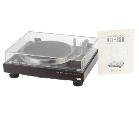 A Trio KD-850 Hi Fi Turntable, dark wood frame, turntable spins freely, overall VG, Ortofon FF15EO MkII cartridge, lid does n