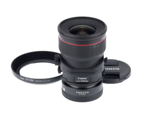 A Canon TS-E L II f/3.5 24mm Lens, with Shoten EF-FG01 GFX adapter, black, serial no. 48480, body, E, elements, VG-E, some ve