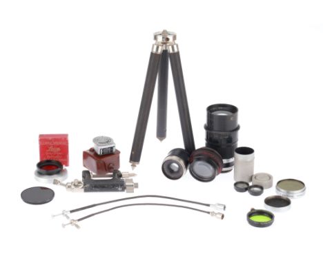 A Selection of Leica Lenses and Accessories, to include a Leitz Wetzlar Telyt f/4.5 20cm lens, barrel F-G, optic F with some 
