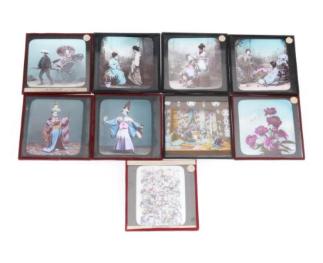 Collection of 9 Coloured Japanese Magic Lantern Slides Japan, 2 with trade labels for 'M NAKAJIMANo1, Gofukucho Nihonbashiku,