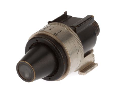 A Leitz Wetzlar Universal Finder, black, optics G, very light haze, has been hand painted in places.