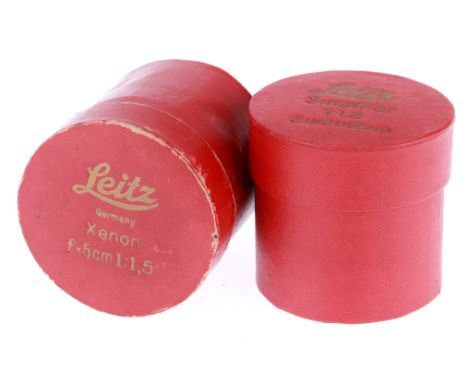 A Pair of Leitz Wetzlar Lens Boxes, red, G, one labelled "Summar 1:2 Sumuskup", the other labelled "Xenon f=5cm 1:1.5"