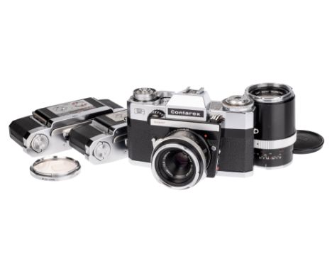 A Zeiss Ikon Contarex Super SLR Camera, 1968-72, chrome, serial no. 635322, with Carl Zeiss Tessar f/2.8 50mm lens, black, se