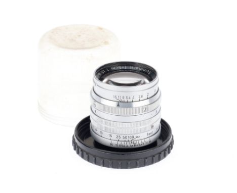 A Leitz Wetzlar Summarit, f/1.5 5cm Lens, chrome, serial number 1078739, barrel G, optics F with haze and fungus, with plasti