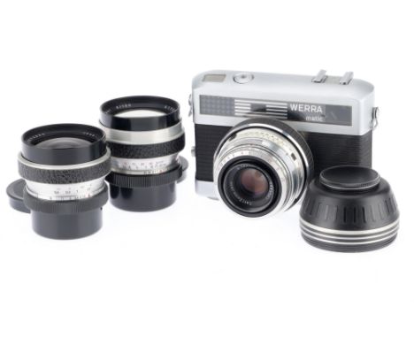 A Zeiss Ikon Werra Matic 35mm Camera Outfit, silver, body G, shutter works but sticks at slow speeds, iris seemss to not be m