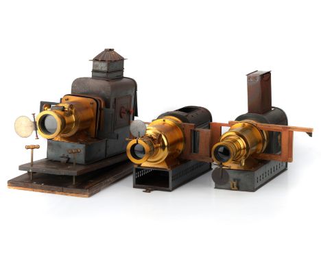 Collection of 3 Tinplate Magic Lanterns, including a tinplate bodied lantern with brass lens, and original 3 wick burner, a l