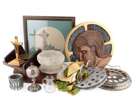 A Collection of Religious Artefacts From Birmingham Hospital, including a silver plated chalice engraved in gothic script to 