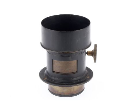 An F. J. Cox Brass Lens, painted black, rack and pinion focus, optics G with light haze, by Fredk J. Cox, 26 Ludgate Hill, Lo
