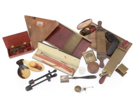 Collection of Apothecary Items, including 2 apothecary pill rollers, a triangular dispensary pill board, horn scoops, scales 